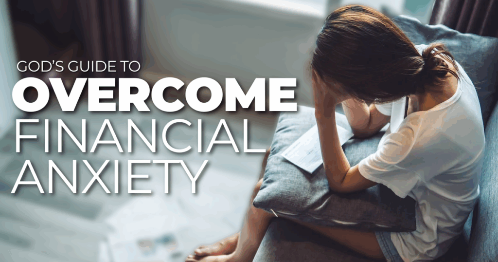 A girl having financial anxiety with bills piling up on the floor with text "OVERCOME FINANCIAL ANXIETY"