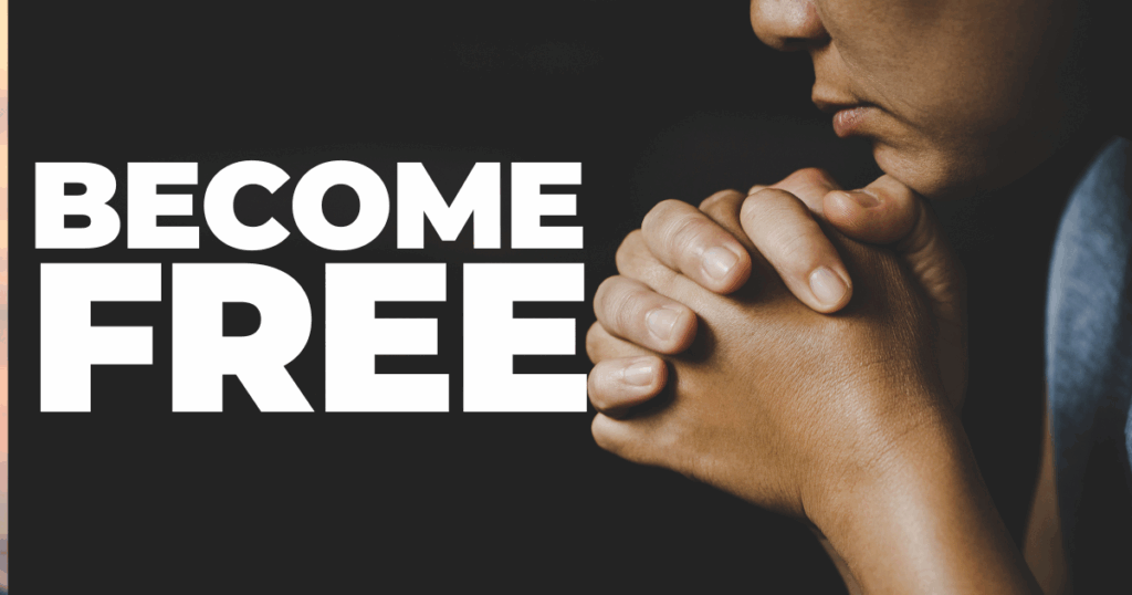 Man praying to God with the text "BE FREE" to the side as he calls for forgiveness